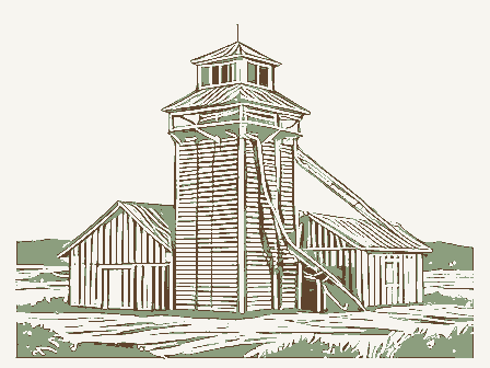Decorative drawing: a timber grain elevator with a cupola, a scale shed and a grain chute. Not a photograph of this place.