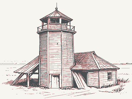 Decorative drawing: a timber grain elevator with a cupola, a scale shed and a grain chute. Not a photograph of this place.
