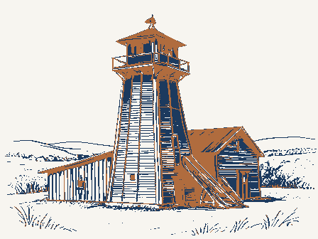 Decorative drawing: a timber grain elevator with a cupola, a scale shed and a grain chute. Not a photograph of this place.