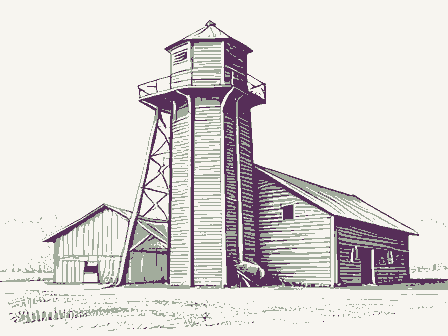 Decorative drawing: a timber grain elevator with a cupola, a scale shed and a grain chute. Not a photograph of this place.