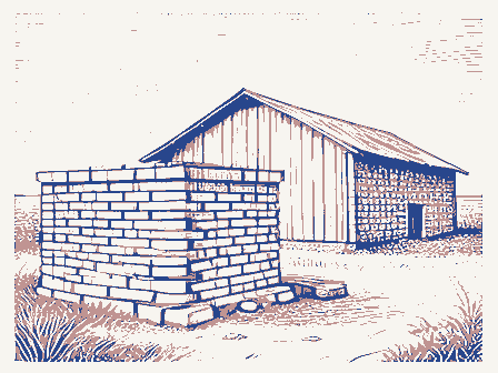 Decorative drawing: a brick kiln with stacked drying bricks and a shed. Not a photograph of this place.