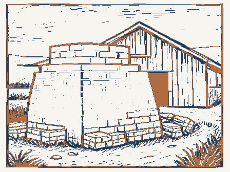 Decorative drawing: a brick kiln with stacked drying bricks and a shed. Not a photograph of this place.