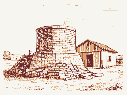 Decorative drawing: a brick kiln with stacked drying bricks and a shed. Not a photograph of this place.