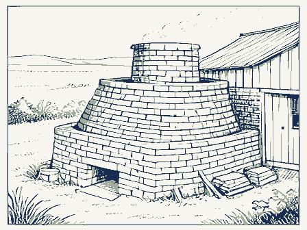 Decorative drawing: a brick kiln with stacked drying bricks and a shed. Not a photograph of this place.