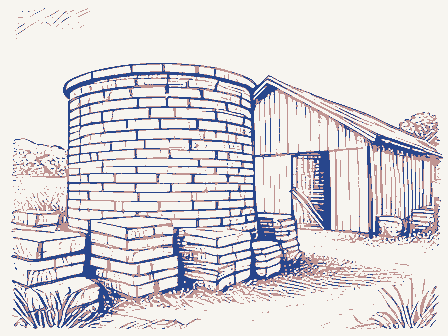 Decorative drawing: a brick kiln with stacked drying bricks and a shed. Not a photograph of this place.