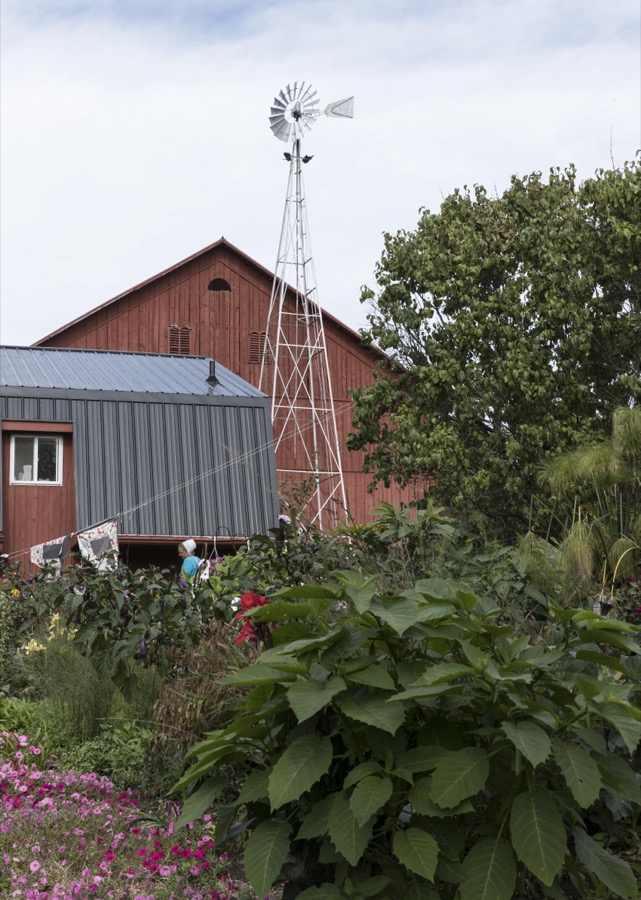 Garden and barn at Yoder's Amish Home, an authentic Amish farm that began accepting visitors in 1983 near Walnut Creek in central Ohio, along the "Amish Country Byway"