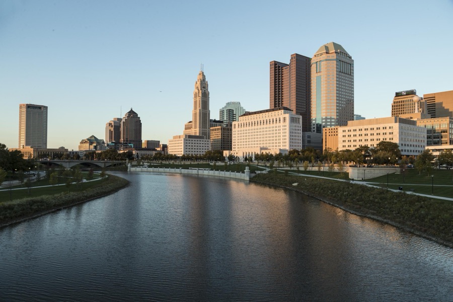Skyline view of downtown Columbus, Ohio, from a point along the Scioto River