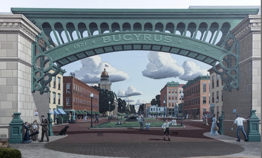 The "Great American Crossroads Mural" in Bucyrus, Ohio's, Millennium Park, was created in 1999 by Eric Grohe of Marysville, Washington