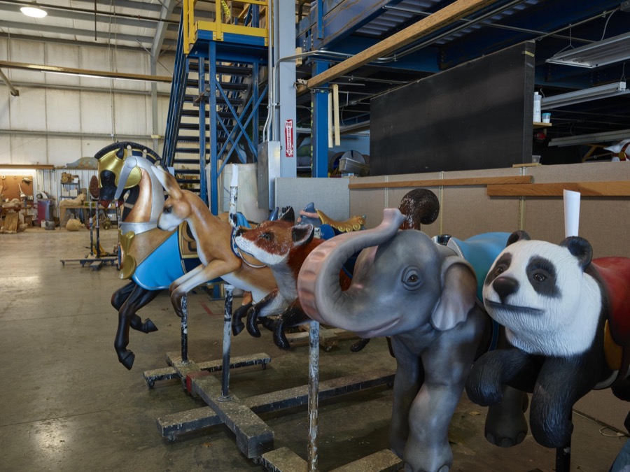 In Mansfield, Ohio, recent creations await shipment at the Carousel Works, the world's largest maker of carousels, sometimes called "merry-go-rounds"
