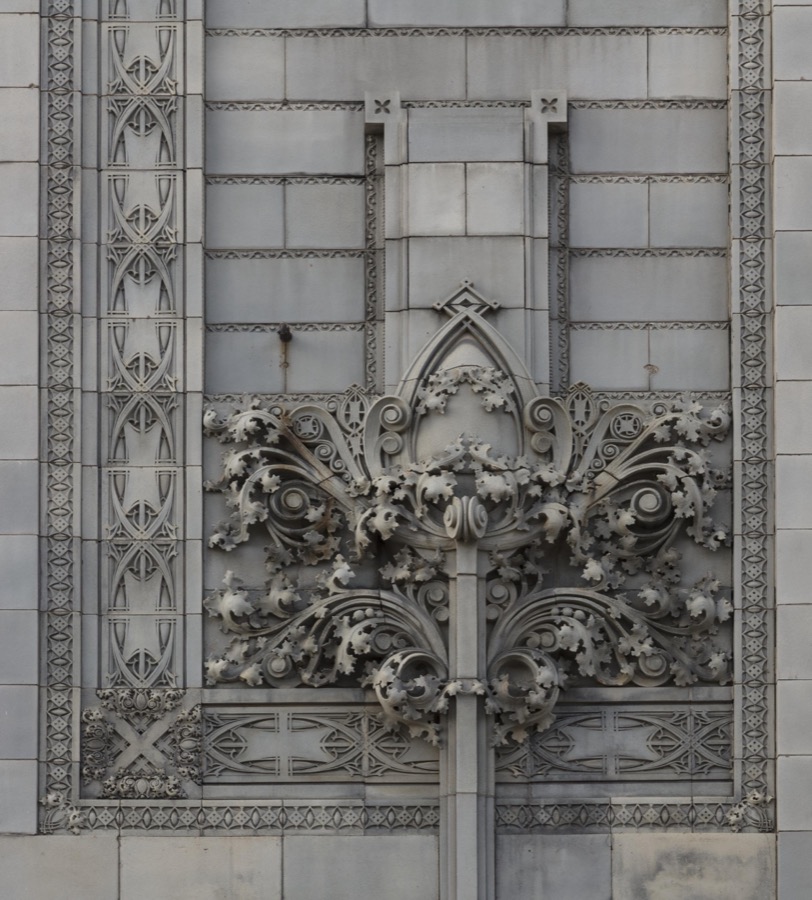 Exterior architectural details on the 1915 Home Building Association Bank building in Newark, Ohio