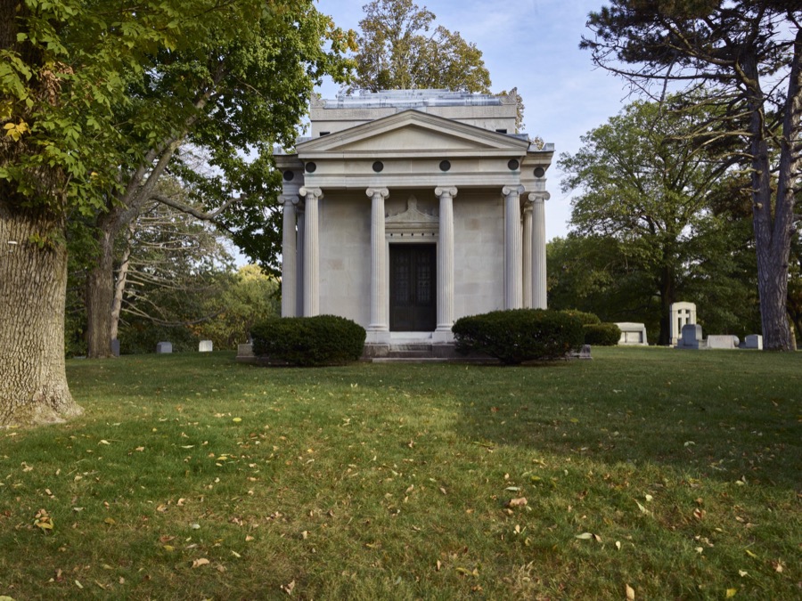Greek temple-style mausoleum at Woodland Cemetery and Arboretum, in Dayton, Ohio, one of the oldest "garden" cemeteries in the United States