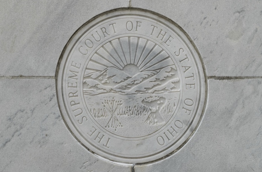 The Ohio State Seal, inscribed into the Thomas J. Moyer Ohio Judicial Center, home of the Ohio Supreme Court in Columbus, Ohio, designed by architect Harry Hake