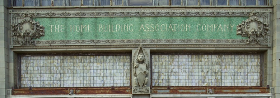 Exterior architectural detail on the 1915 Home Building Association Bank building in Newark, Ohio