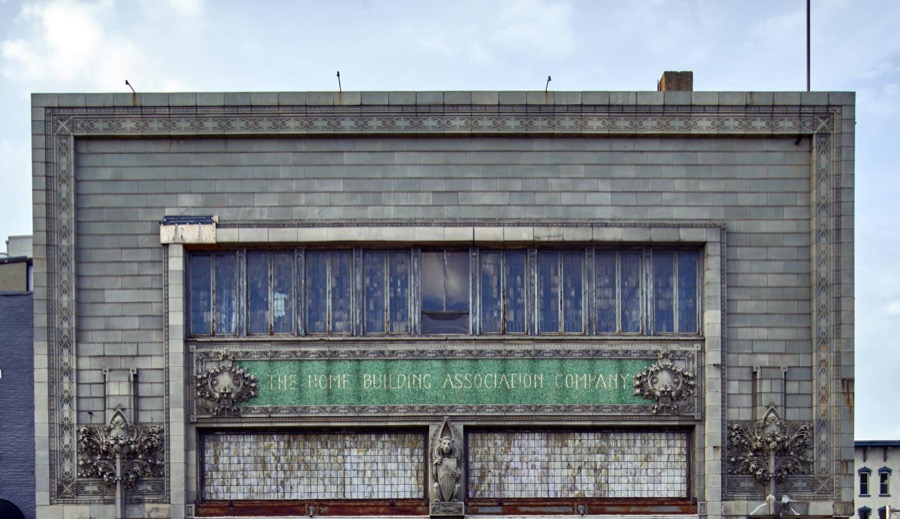 Exterior architectural details on the 1915 Home Building Association Bank building in Newark, Ohio