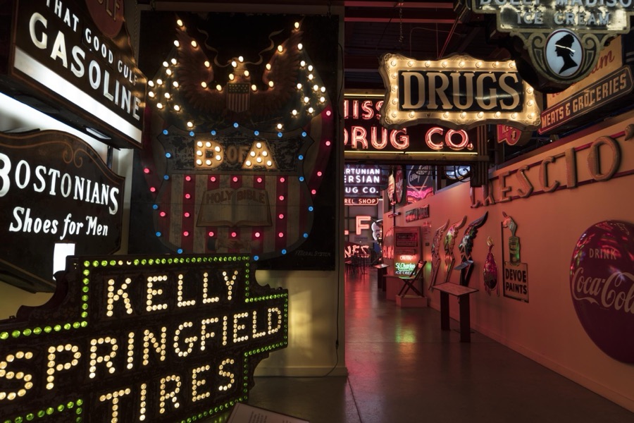Expressive, salvaged neon signs inside the American Sign Museum in the industrial Camp Washington neighborhood of Cincinnati, Ohio