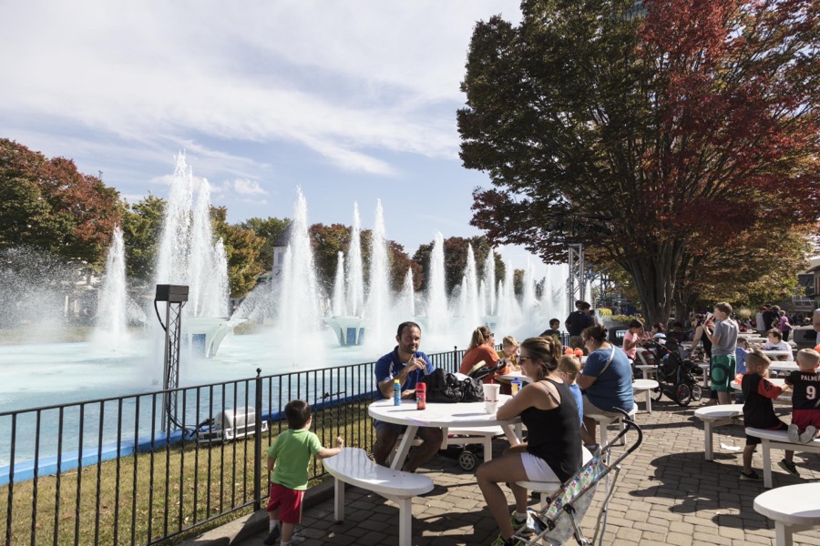 Fountains erupt near a concession area of King's Island theme park in Mason, a northeastern suburb of Cincinnati, Ohio