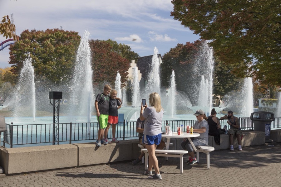 Fountains erupt near a concession area of King's Island theme park in Mason, a northeastern suburb of Cincinnati, Ohio