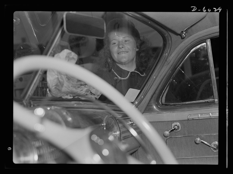 Women in war. Filling station attendant. Tires need checking too? Shifting trends of employment in wartime America have opened up new jobs for such women as this young East Liverpool, Ohio, girl who has pioneered in two new fields since graduation from high school. She learned butchering first, and built up quite a reputation as a purveyor of choice cuts. Now she's one of the most efficient service station attendants in the neighborhood. Her name? Virginia Excell
