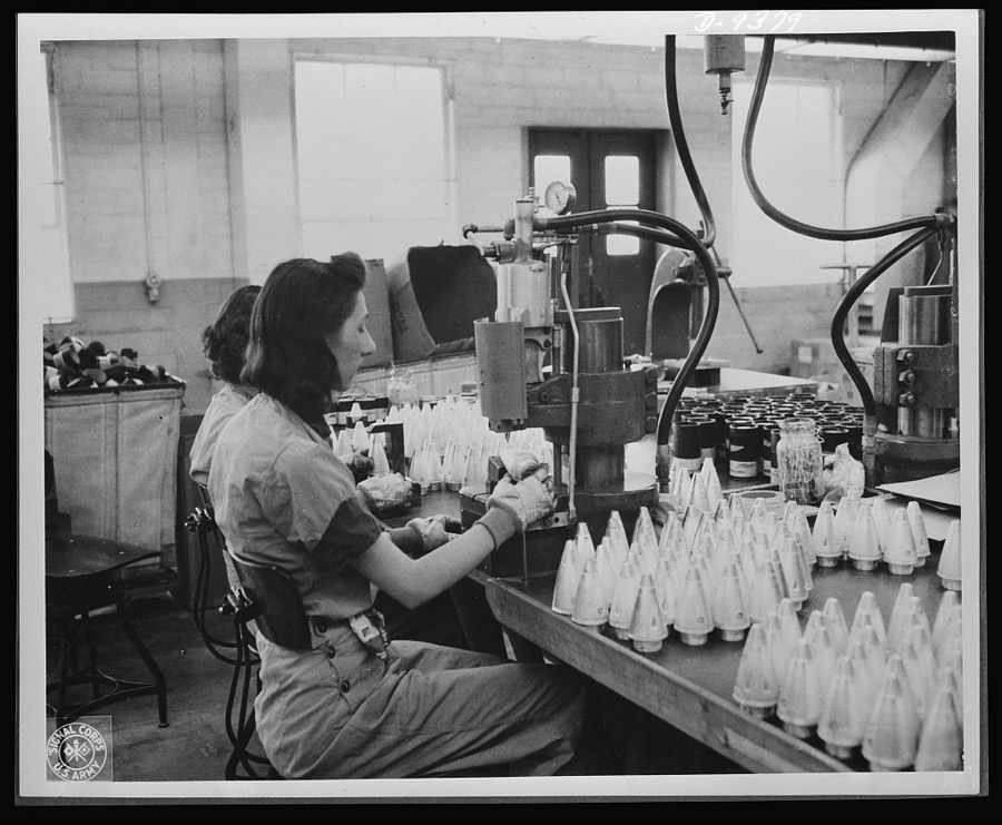Production. Shell loading. These girls are "staking" fuses in the assembly of artillery shells in a large Midwest loading plant. In the manufacture and loading of percussion caps--an operation performed in a large division of the plant--ninety percent of the employees are women. Army officers say the women speed up production. Ravenna ordnance plant