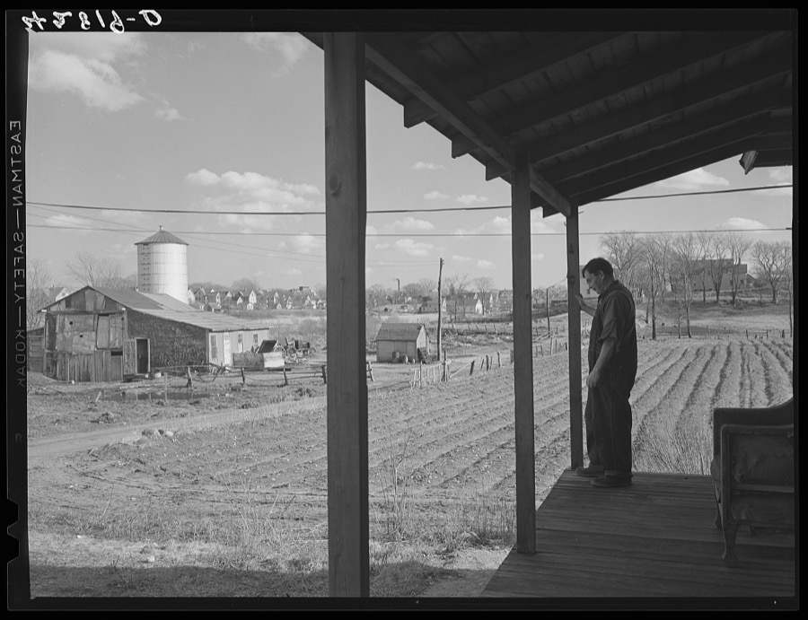 The small farm of John P. Collins in Taunton Massachusetts. He raises about six acres of vegetables and has eleven cows. To supplement his income he rents his truck out to a nearby Army camp