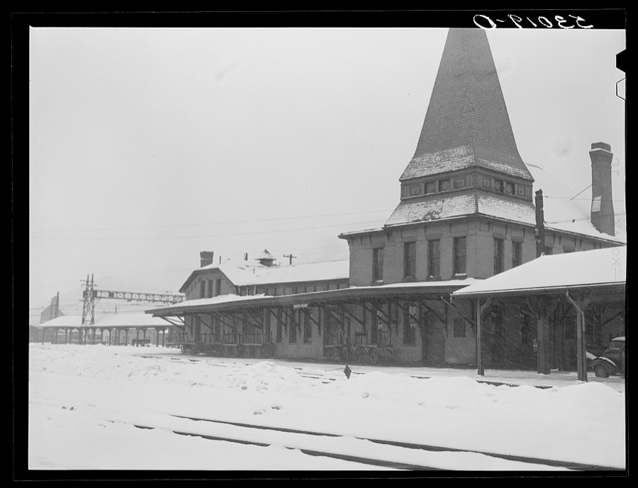Railroad station during blizzard. North Adams, Massachusetts