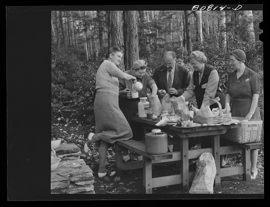 New England school teachers on a picnic in Savoy Mountain State Park, Massachusetts