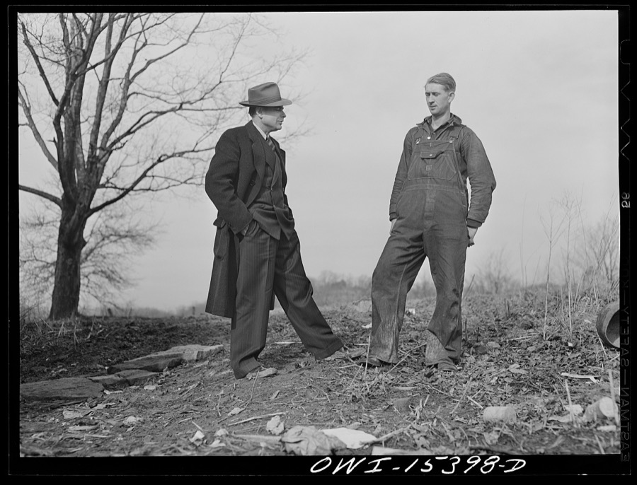 Rio Grande, Gallia County, Ohio. Mr. Bailey, FSA (Farm Security Administration) county supervisor, visiting Reed Hall on his unproductive farm in the hill section of this county. Mr. Bailey is attempting to recruit men from this type of farm for farm labor training and relocation in more productive farming areas