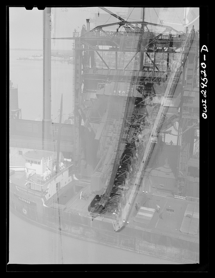 Sandusky, Ohio. Loading coal into a freighter at one of the Pennsylvania Railroad docks