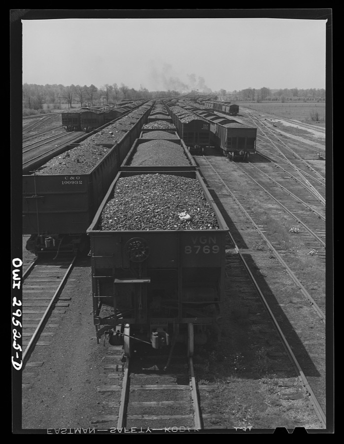 Sandusky, Ohio. Looking across the Pennsylvania Railroad docks from number one dock to number three dock. In the background, a switch engine is bringing in a trainload of coal