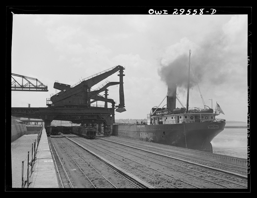 [Untitled photo, possibly realated to: Sandusky, Ohio. Loading coal into a lake freighter at the Pennsylvania Railroad Number One dock