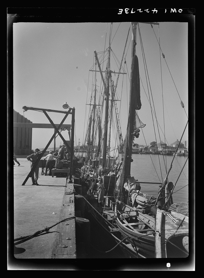 Gloucester, Massachusetts. At the docks crew members prepare their trawlers for a week's voyage. Most of the fishermen in the city come from a line of fishermen that dates back for centuries