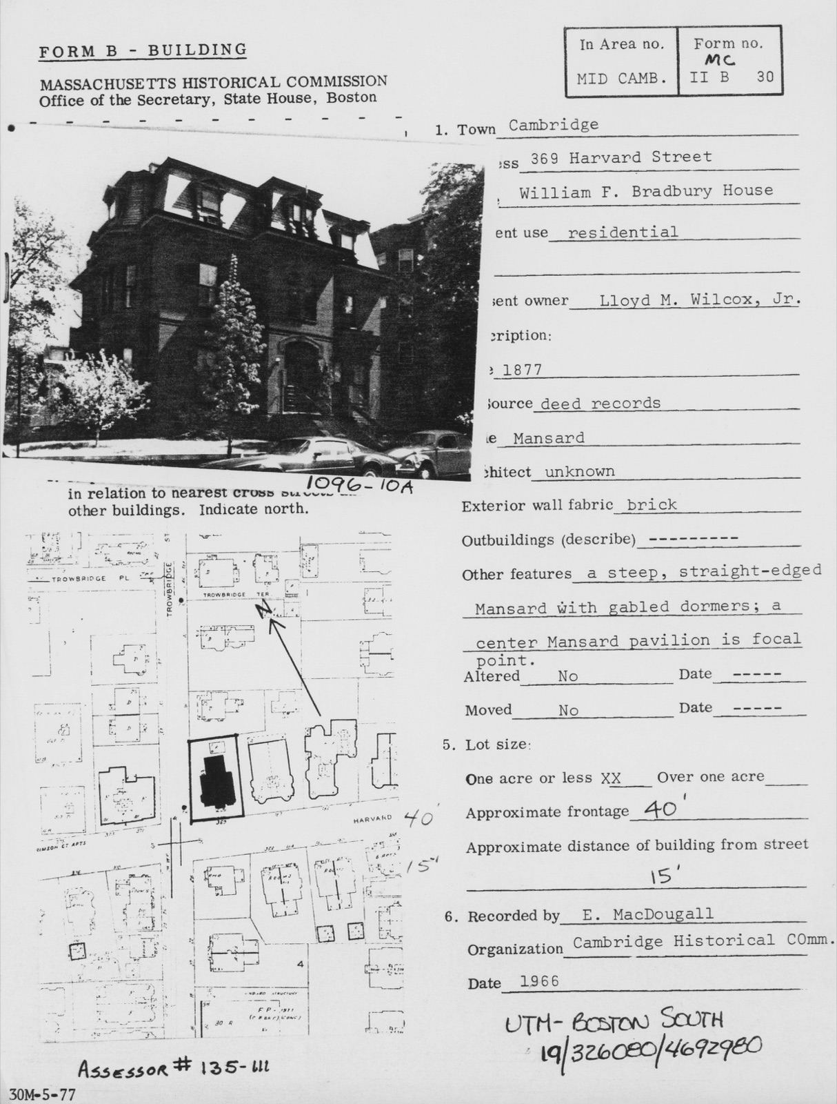Bradbury, William F., House, photograph from the federal nomination