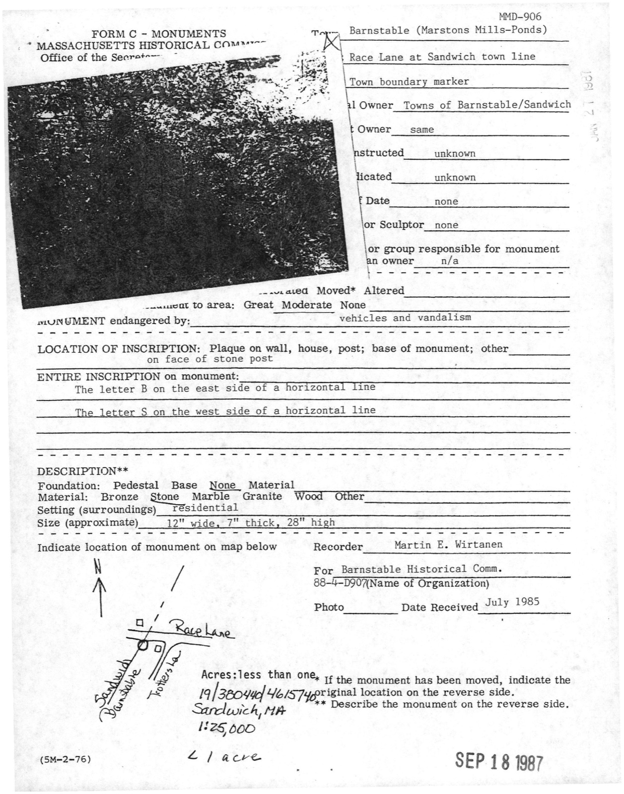 Town Boundary Marker, photograph from the federal nomination
