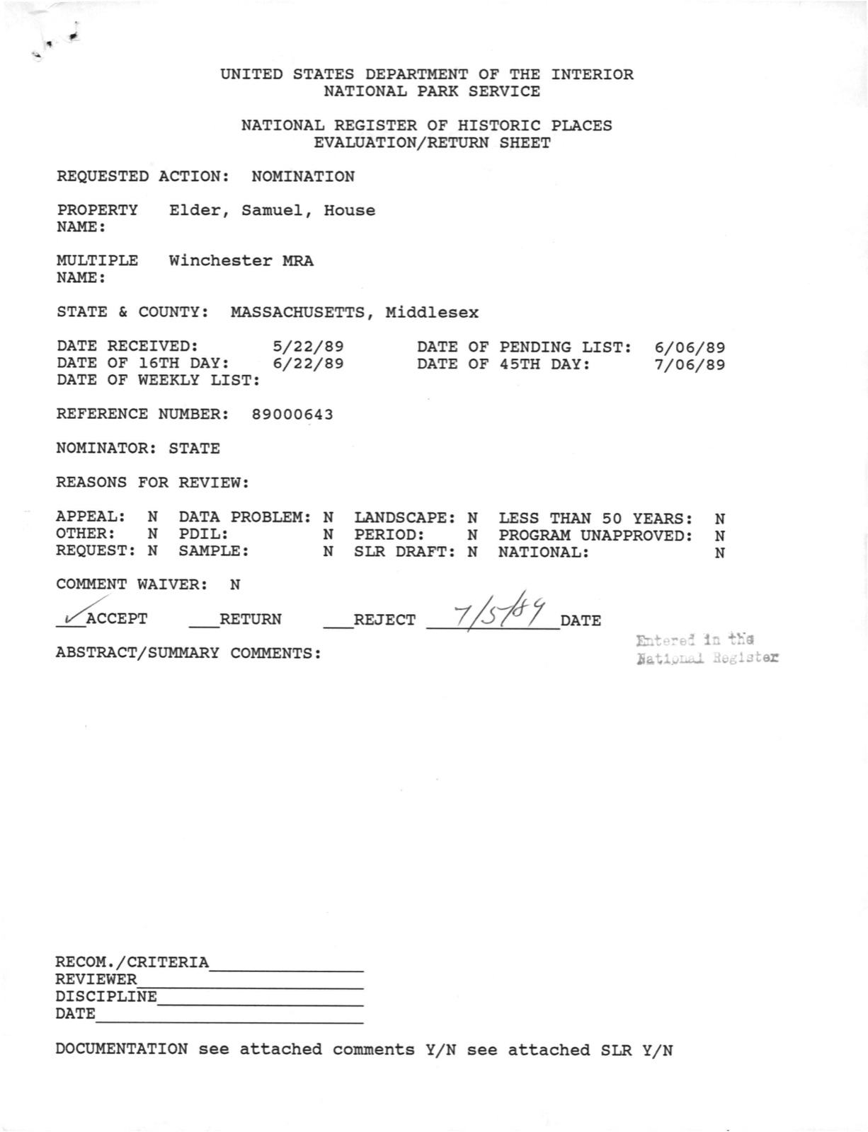 Elder, Samuel, House, photograph from the federal nomination