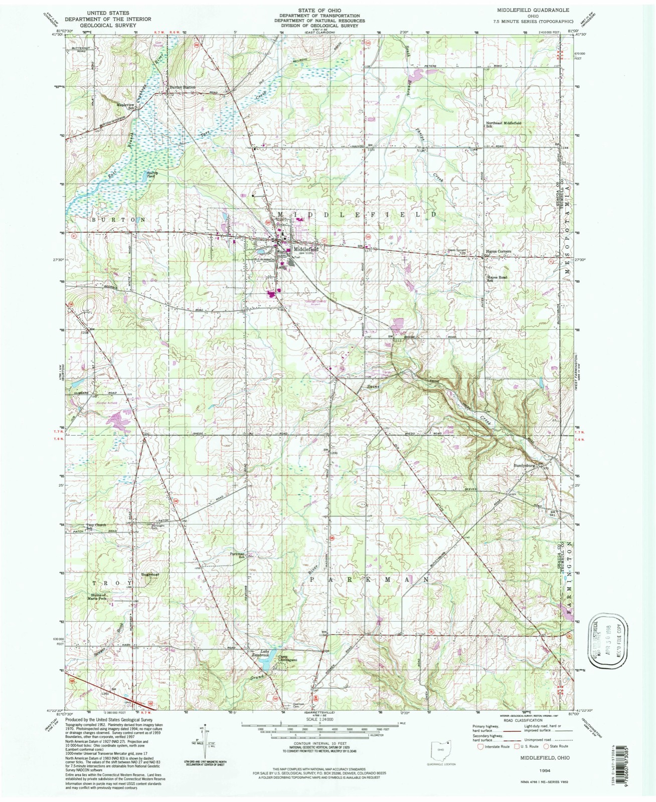 Topographic sheet of Middlefield, surveyed 1994