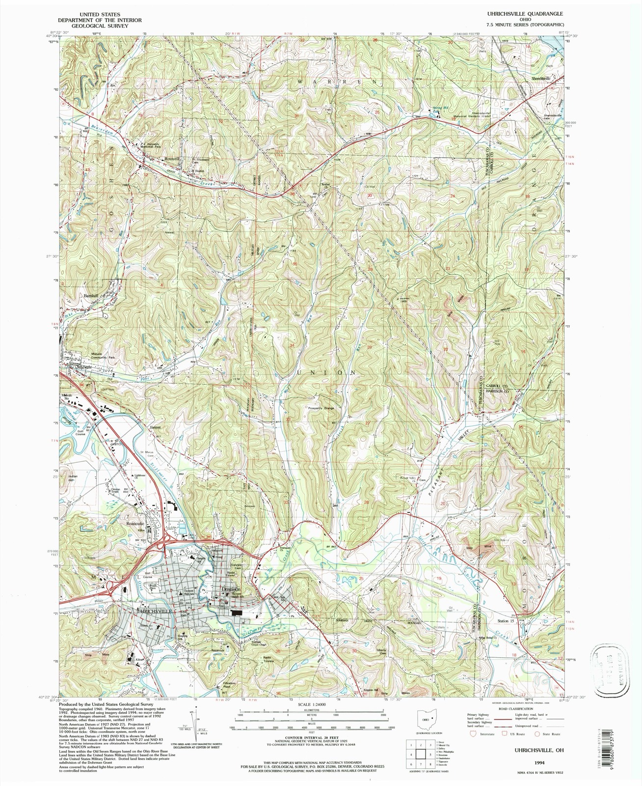 Topographic sheet of Uhrichsville, surveyed 1994