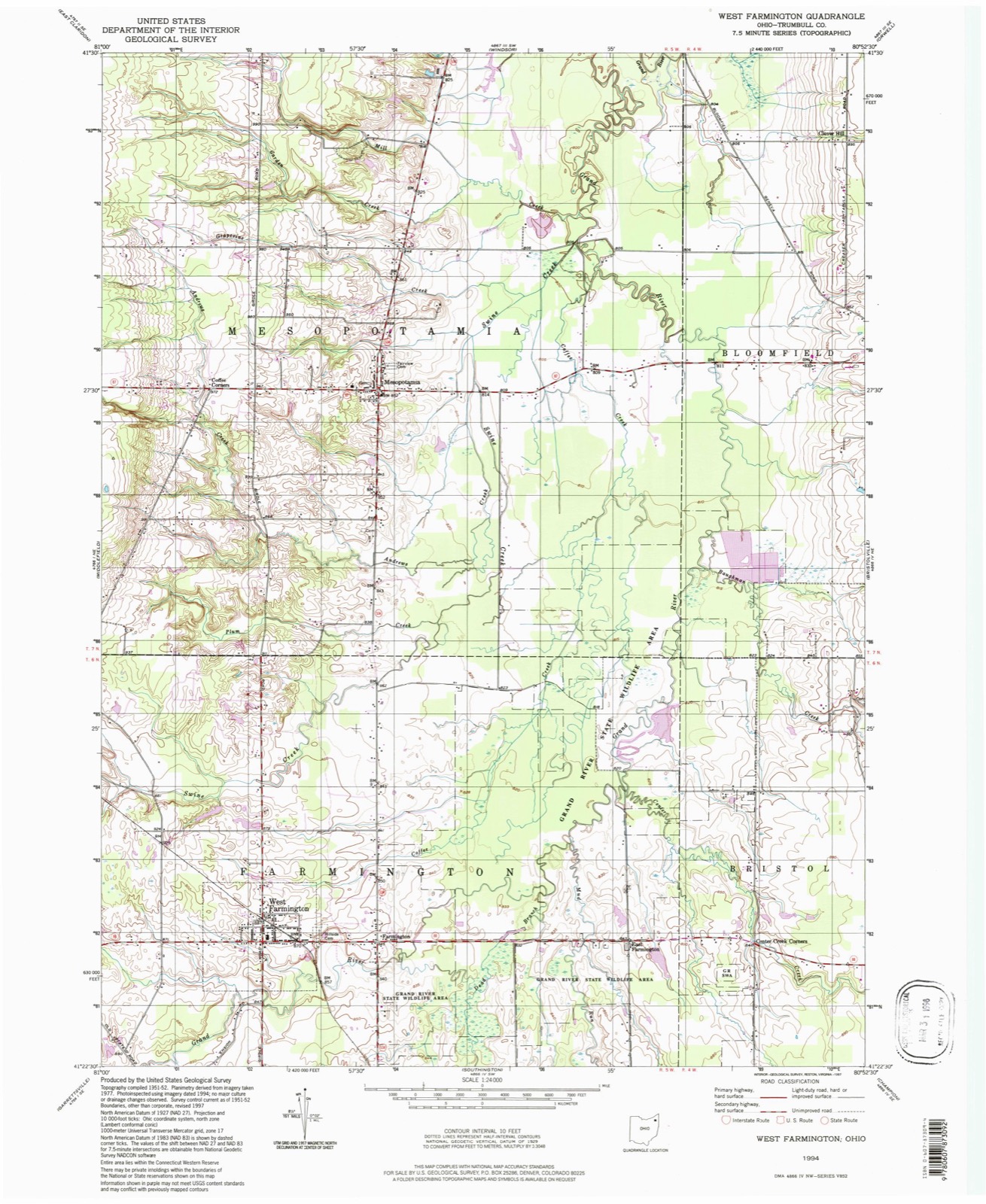 Topographic sheet of Clover Hill, surveyed 1994