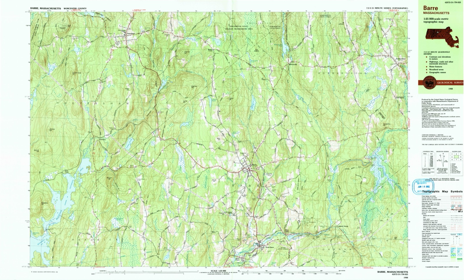 Topographic sheet of Barre Plains, surveyed 1988