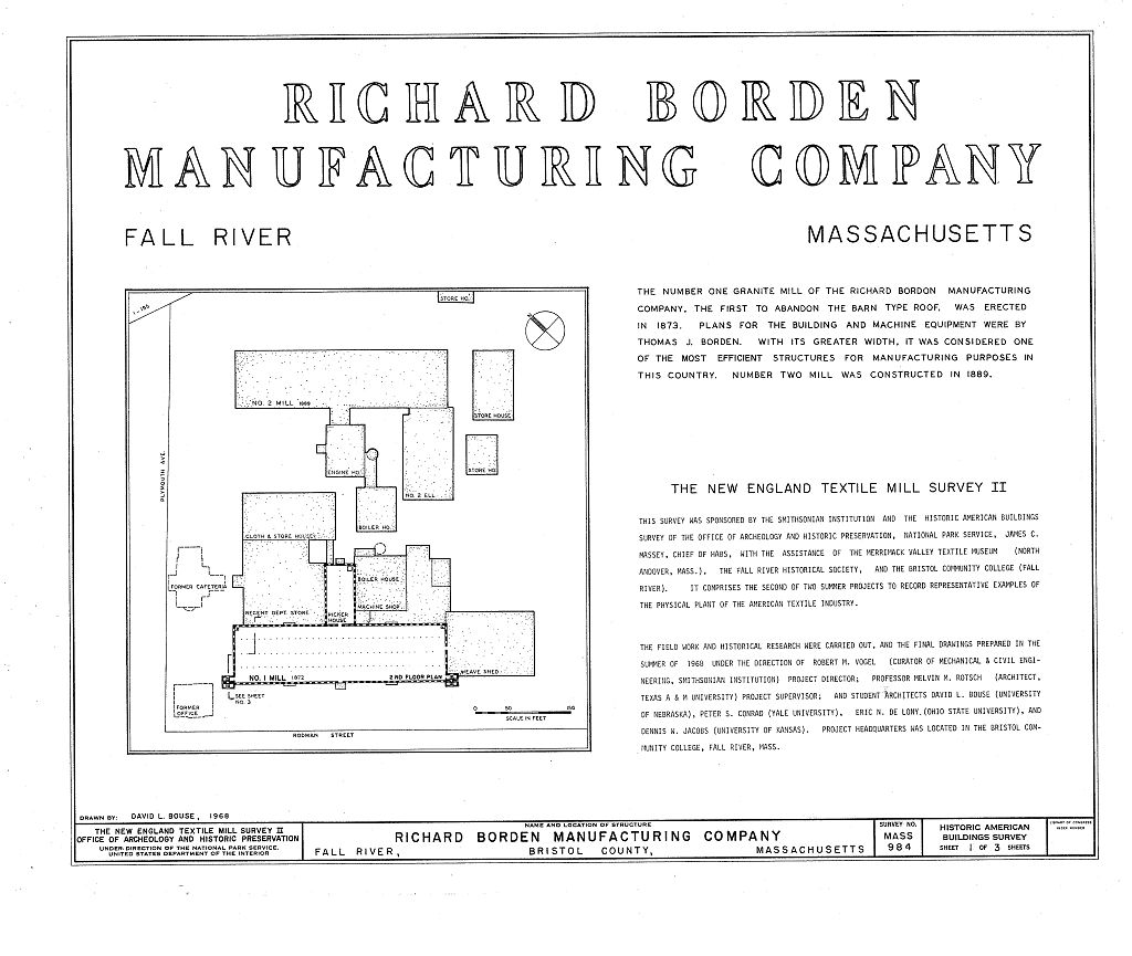 Richard Borden Manufacturing Company, No. 1 Mill, Rodman Street & Plymouth Avenue, Fall River, Bristol County, MA, measured drawing filed with the federal survey
