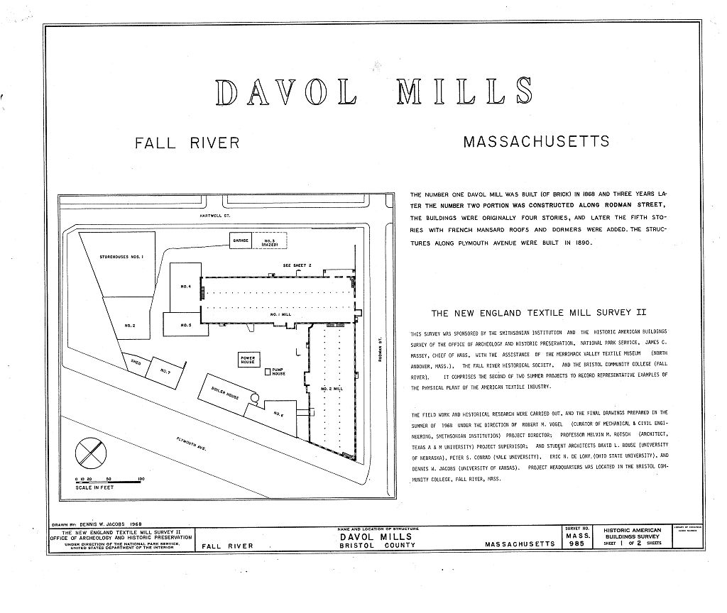 Davol Mills, Rodman Street & Plymouth Avenue, Fall River, Bristol County, MA, measured drawing filed with the federal survey