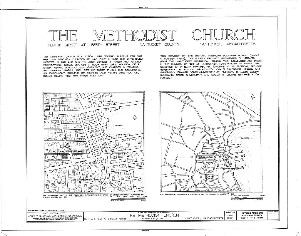 Centre Street United Methodist Church, Centre & Main Streets, Nantucket, Nantucket County, MA, measured drawing filed with the federal survey