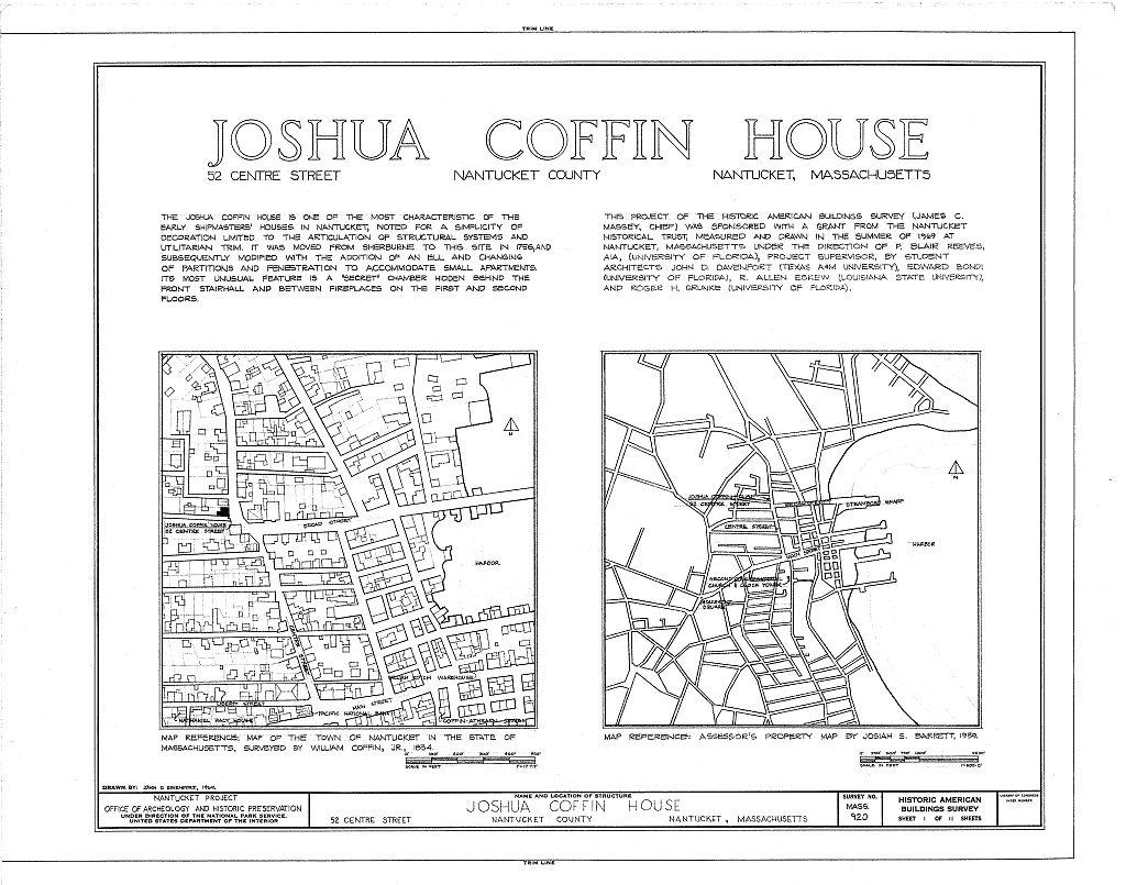 Joshua Coffin House, 52 Centre Street, Nantucket, Nantucket County, MA, measured drawing filed with the federal survey