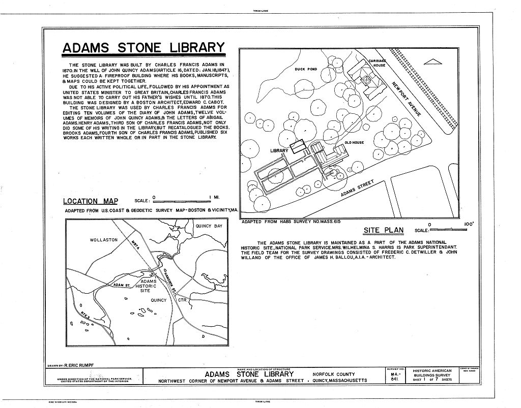 Adams Mansion, Stone Library, 135 Adams Street, Quincy, Norfolk County, MA, measured drawing filed with the federal survey