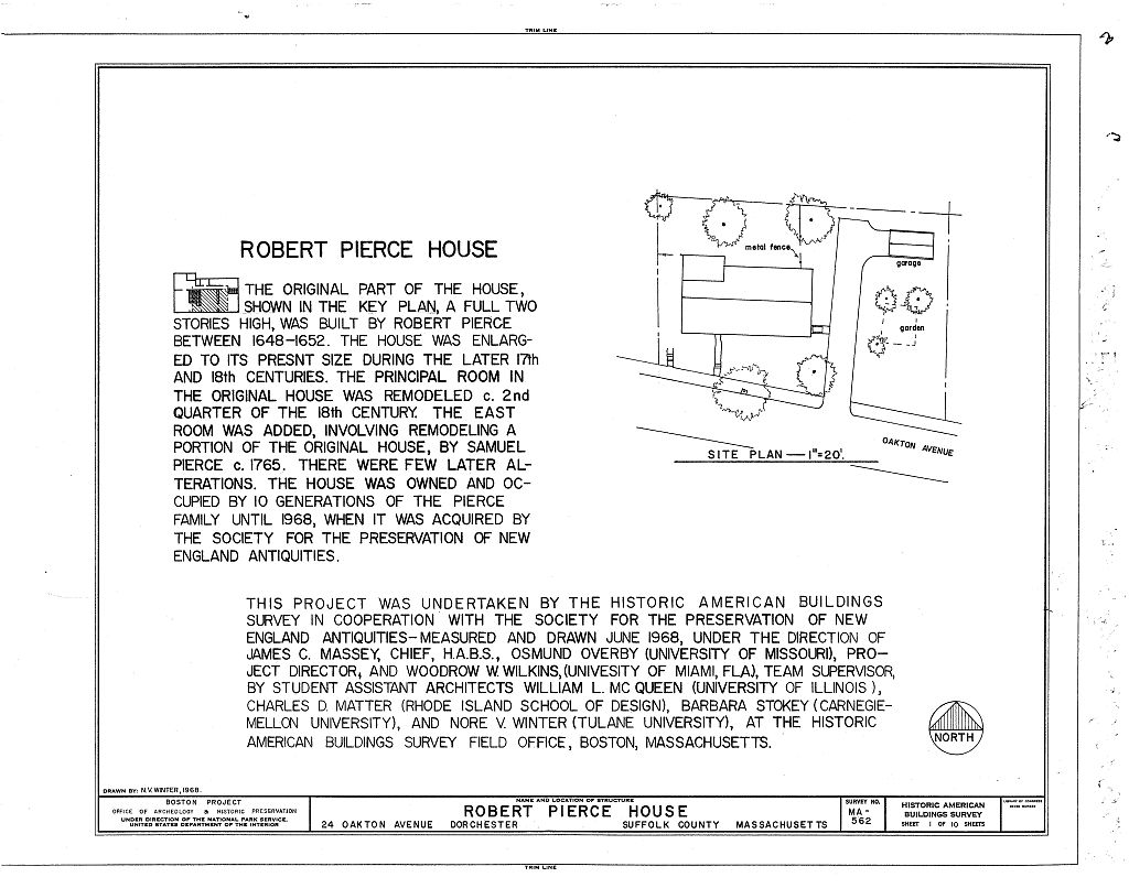 Robert Pierce House, 24 Oakton Avenue, Dorchester, Suffolk County, MA, measured drawing filed with the federal survey
