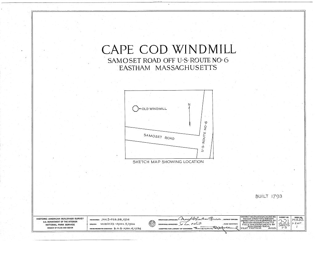 Cape Cod Windmill, Samoset Road (moved from Plymouth to Truro to Eastham, MA), Eastham, Barnstable County, MA, measured drawing filed with the federal survey