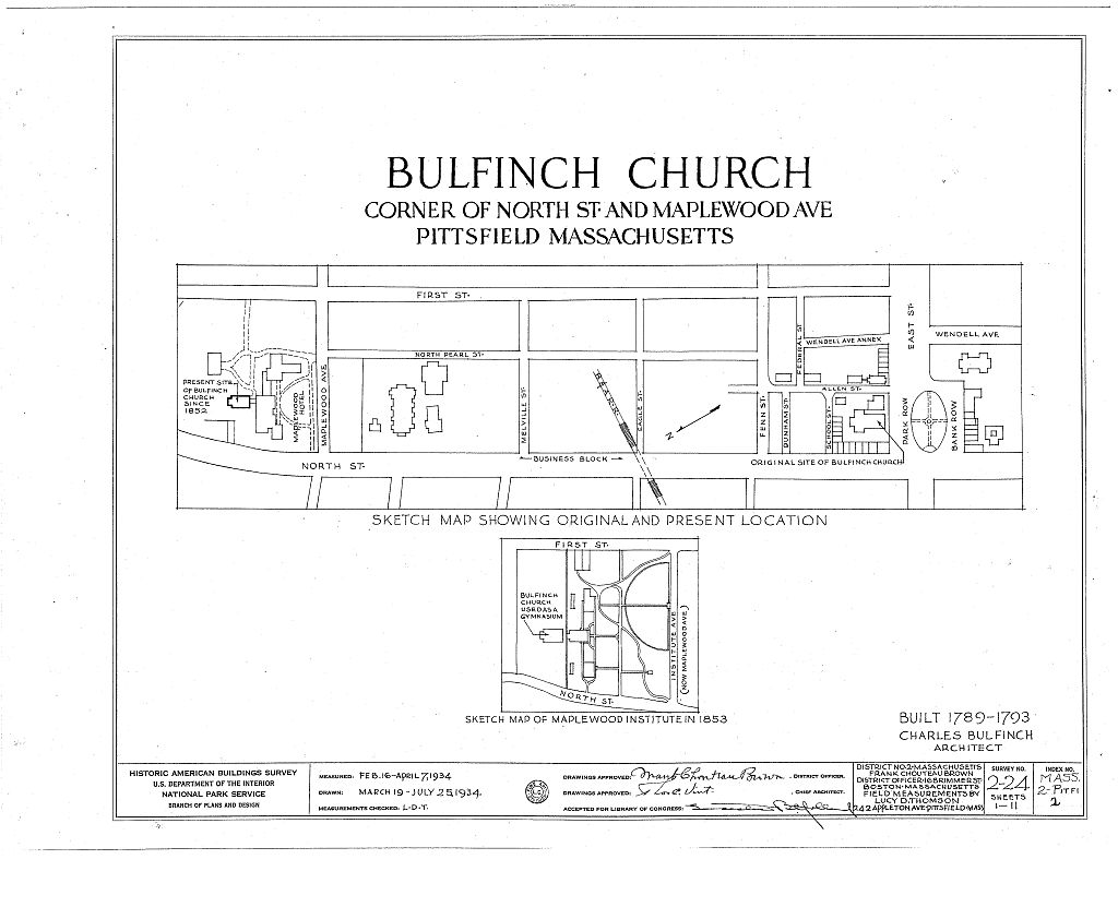 Bulfinch Church, North Street & Maplewood Avenue (moved from Park Row), Pittsfield, Berkshire County, MA, measured drawing filed with the federal survey