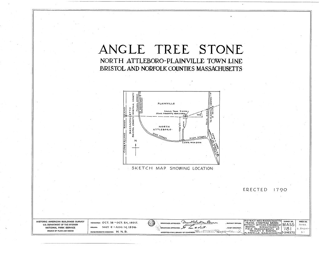 Angle Tree Stone, Town Line, Attleboro, Bristol County, MA, measured drawing filed with the federal survey