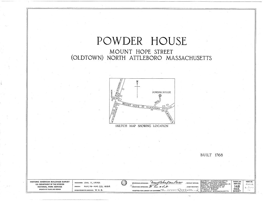 Powder House, Mount Hope Street, Oldtown, North Attleboro, Bristol County, MA, measured drawing filed with the federal survey