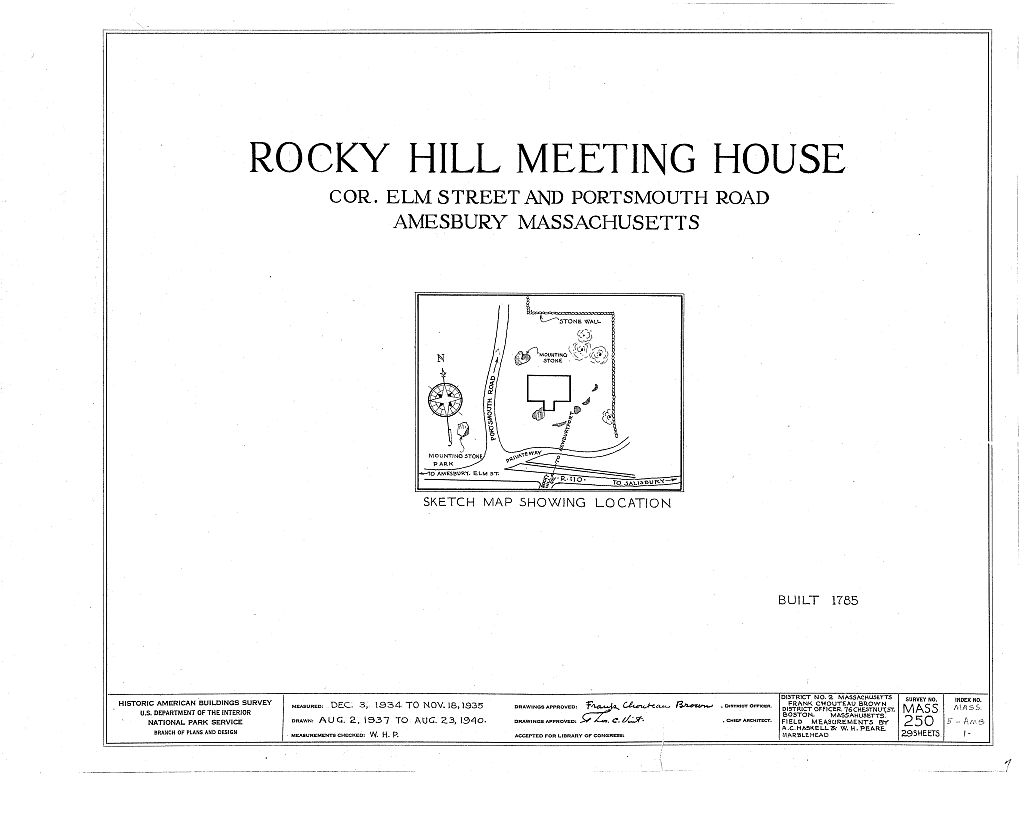 Rocky Hill Meetinghouse, Elm Street & Portsmouth Road, Amesbury, Essex County, MA, measured drawing filed with the federal survey