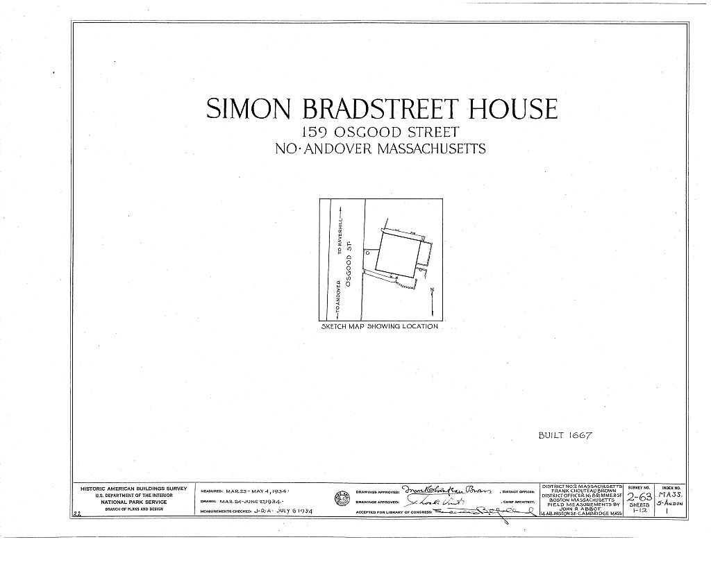Governor Simon Bradstreet House, 159 Osgood Street, North Andover, Essex County, MA, measured drawing filed with the federal survey